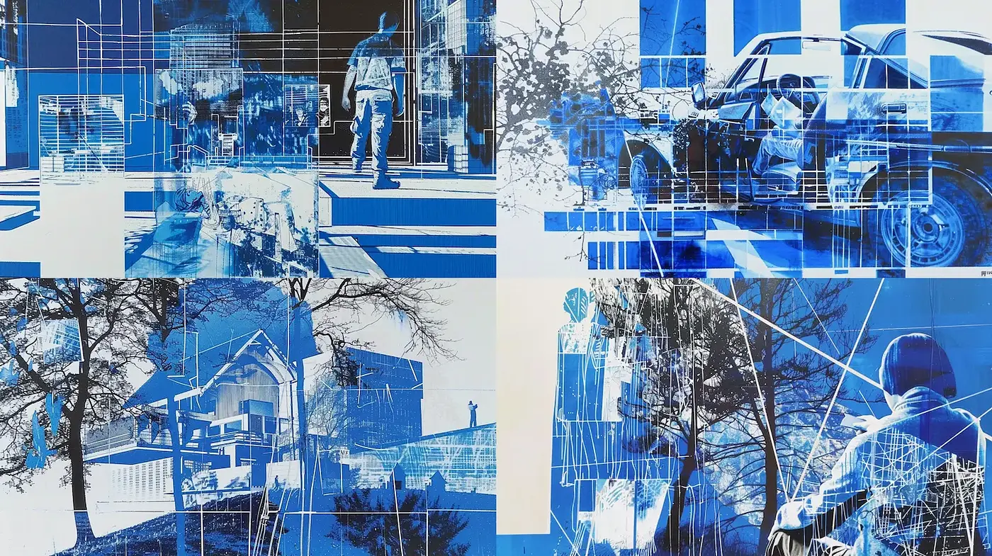 Contemporary Artistic Composition with a Cool Blue Palette and Geometric Elements - Midjourney sref style
