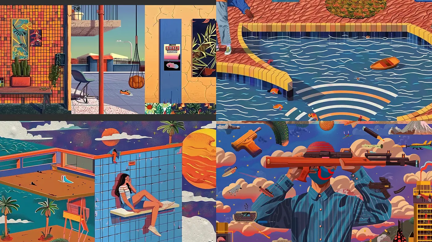 Summer Hues and Wistful Skies: A Retro-Whimsical Fusion - Midjourney sref style