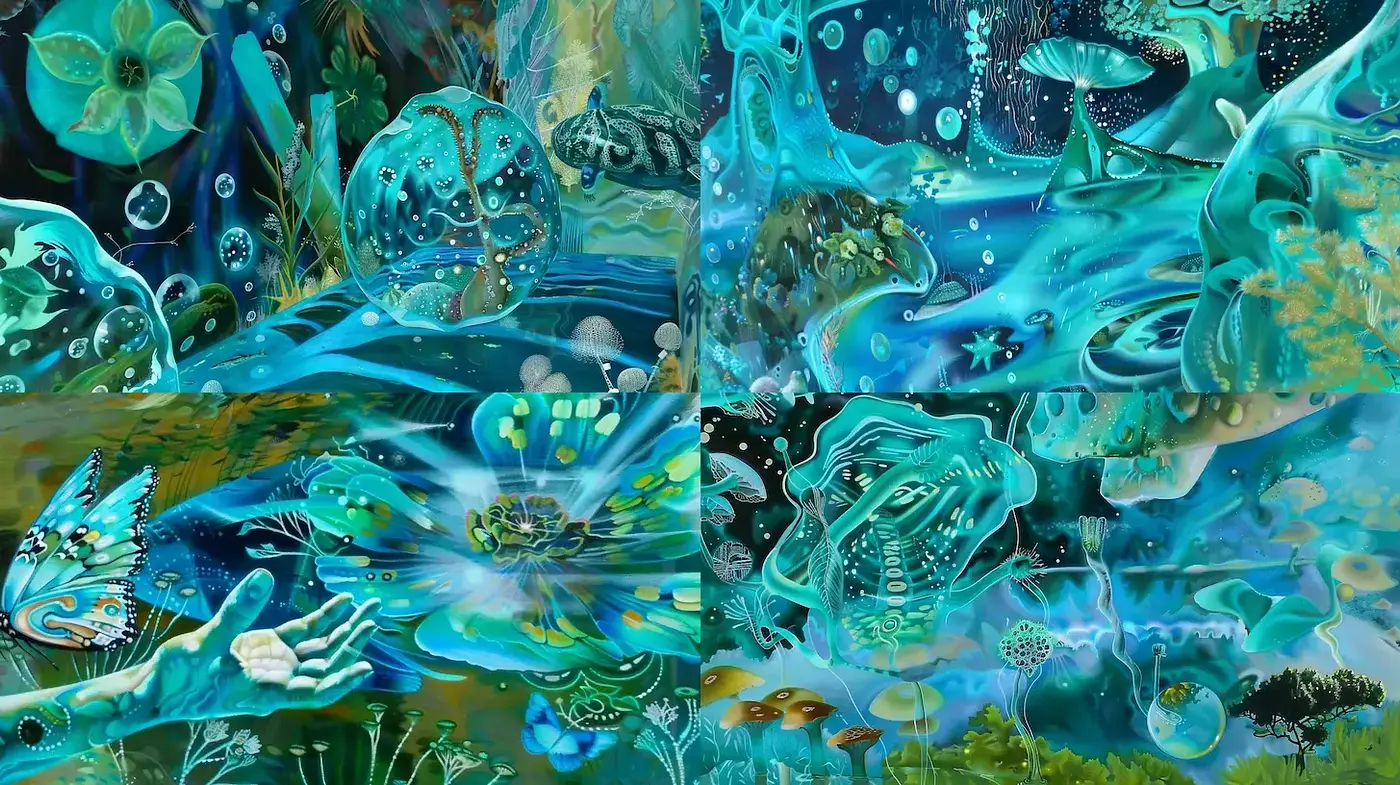 Surreal aquatic dreamscape with bold organic forms and vibrant textures - Midjourney sref style