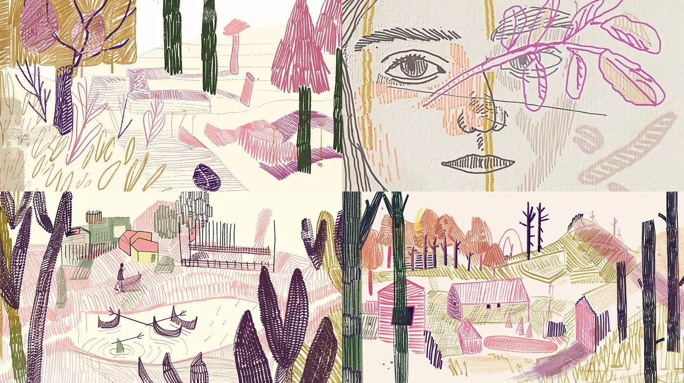 Pastel-hued Scribbled Whimsy: A Harmony of Lines and Washes - Midjourney sref style