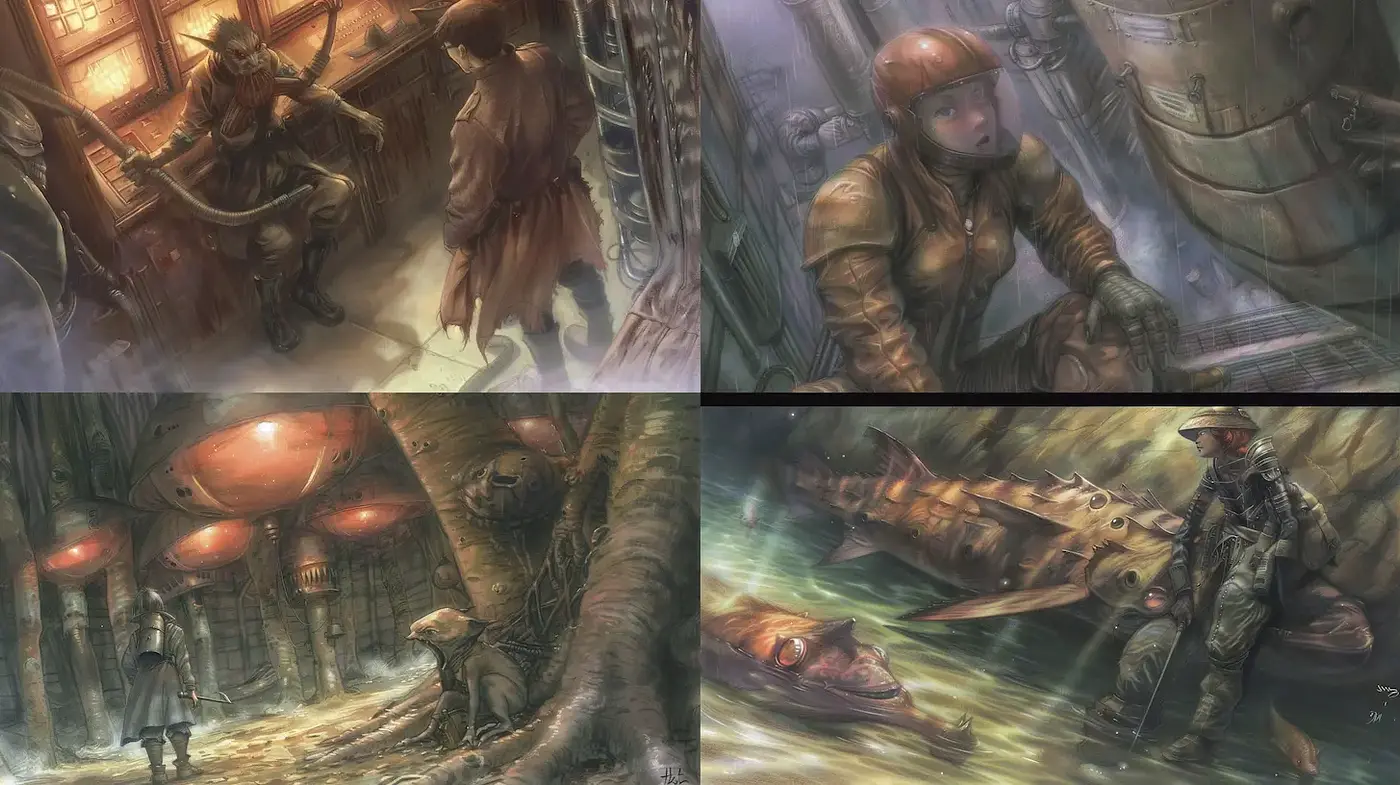 Futuristic Steampunk Aesthetic with a Darkly Atmospheric Mood - Midjourney sref style