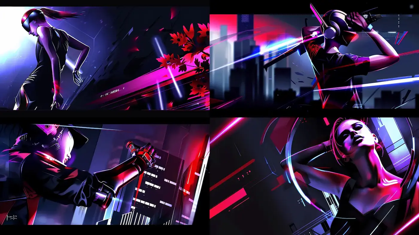 Futuristic Cyberpunk Aesthetic with Neon Accents and Dynamic Composition - Midjourney sref style