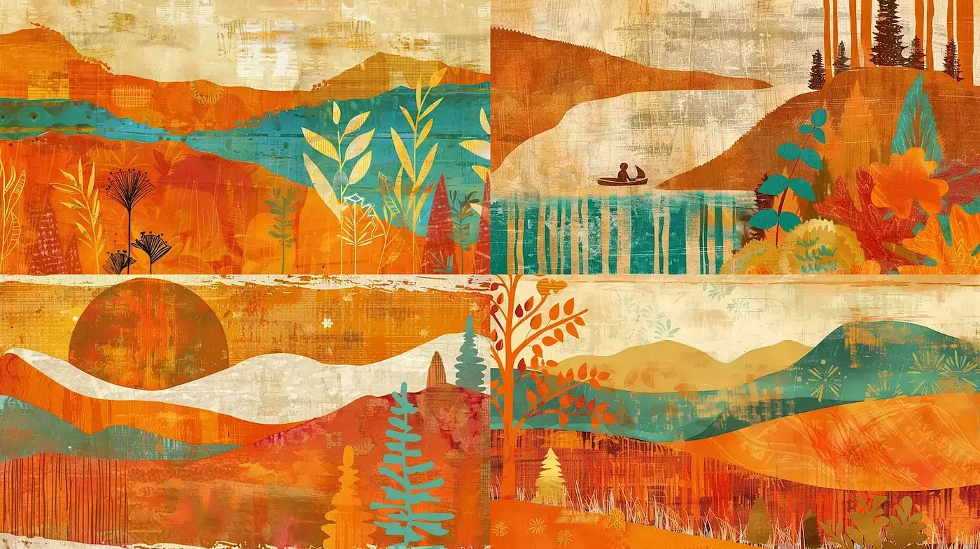 Vibrant and Textured Illustration with a Nostalgic Landscape Aesthetic - Midjourney sref style