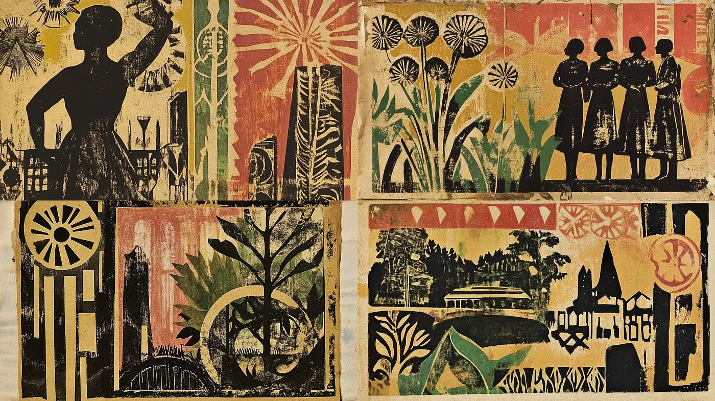 Eclectic Tapestry of Stylized Folk Artistry and Time-Worn Textures - Midjourney sref style