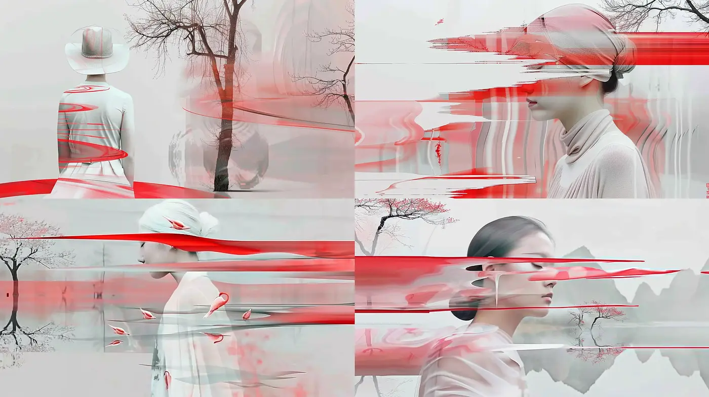 Translucent Elegance with Streaks of Crimson – A Digital Glitch Aesthetic - Midjourney sref style