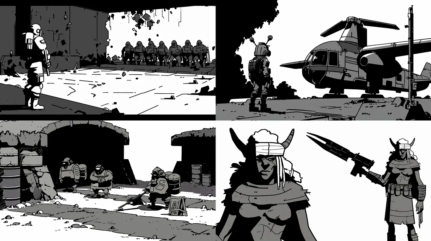 Monochromatic Stylized Graphic Novel Illustrations - Midjourney sref style