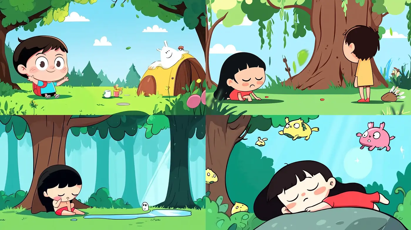 Cheerful Contemporary Cartoon Style with Consistent Theming and Lush Environs - Midjourney sref style