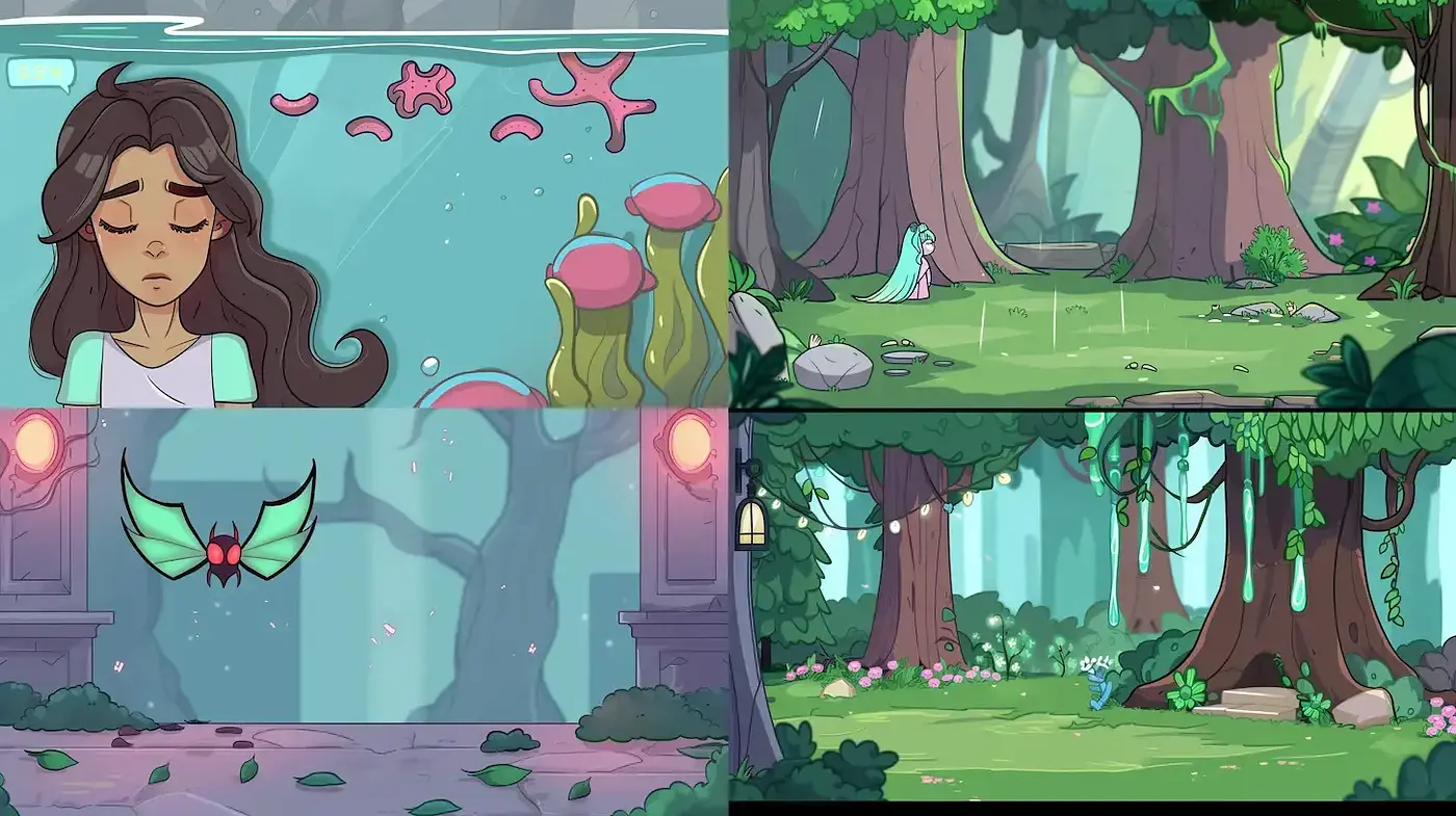 Whimsical and Vibrant Animated Scenes with Nature and Emotion - Midjourney sref style