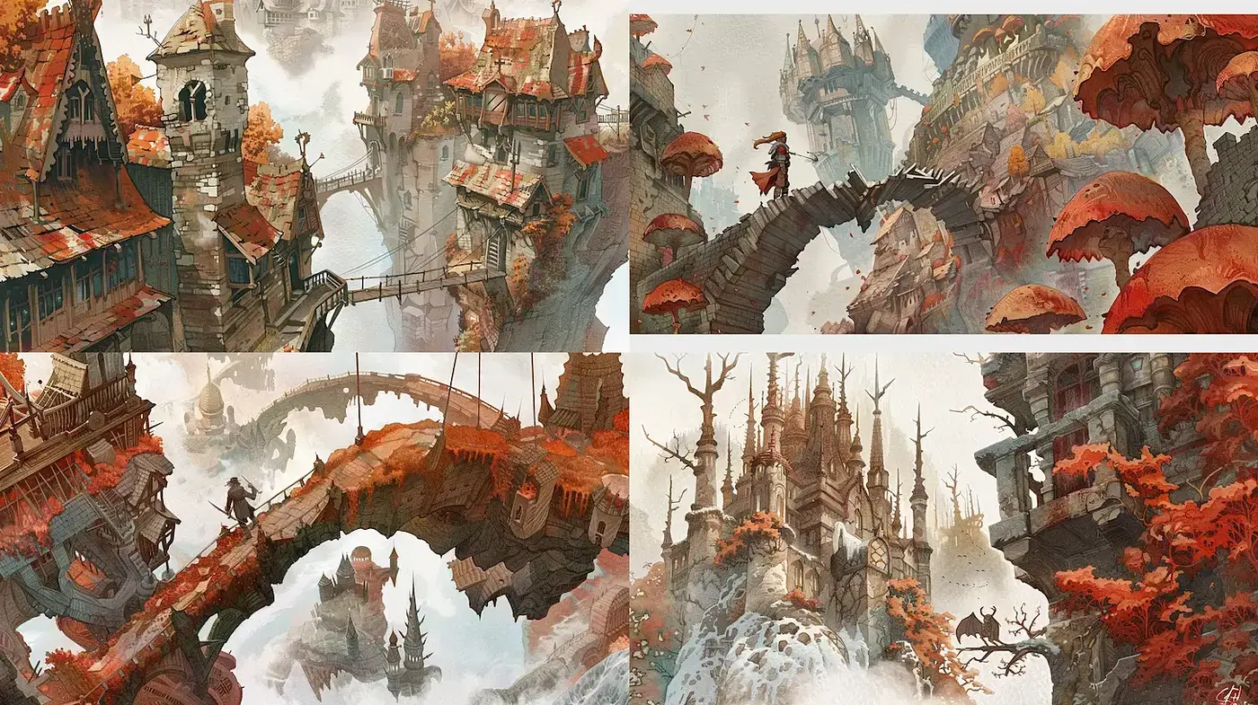 Whimsical Fantasy Landscapes with Architectural Surrealism - Midjourney sref style