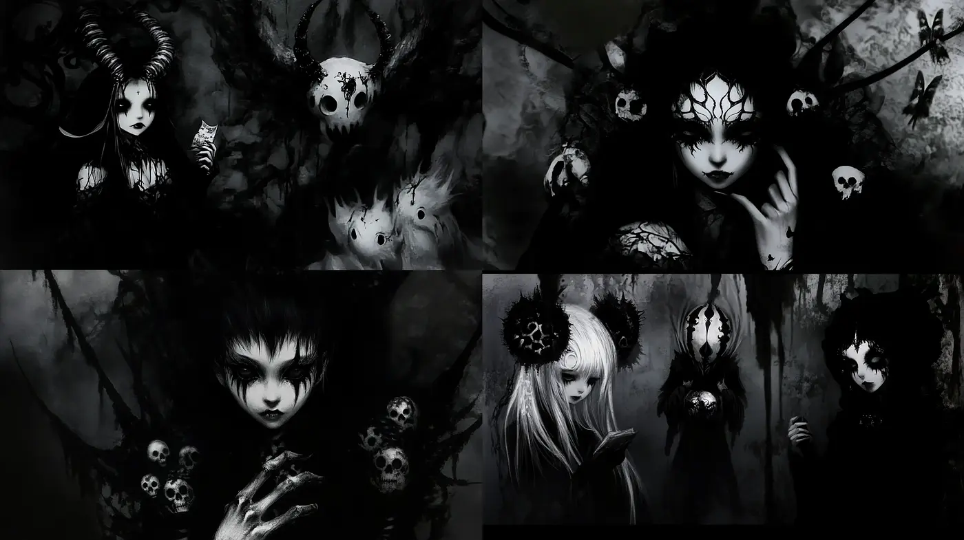 Ethereal Gothic Elegance with Monochromatic Mystery - Midjourney sref style