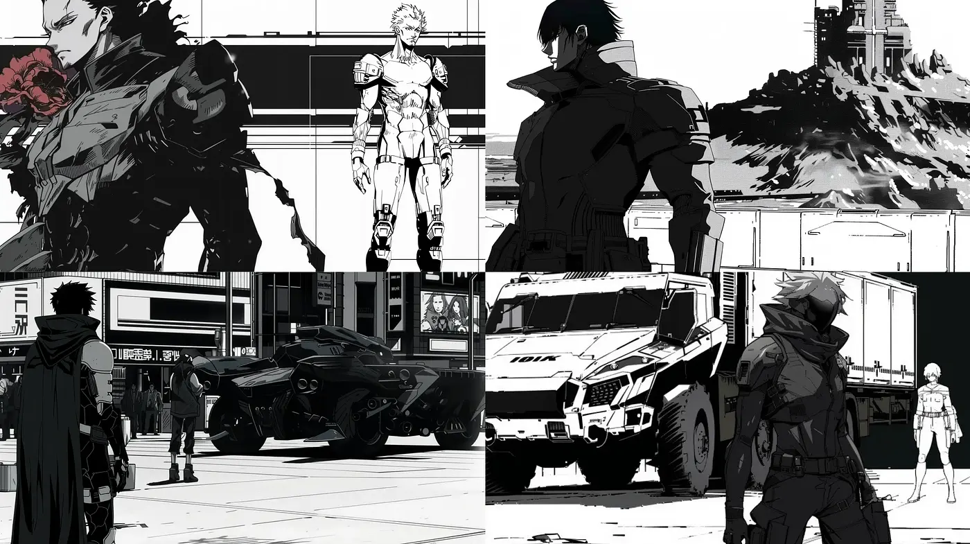 Monochromatic Dynamism in Stylized Action Frames - Midjourney sref style