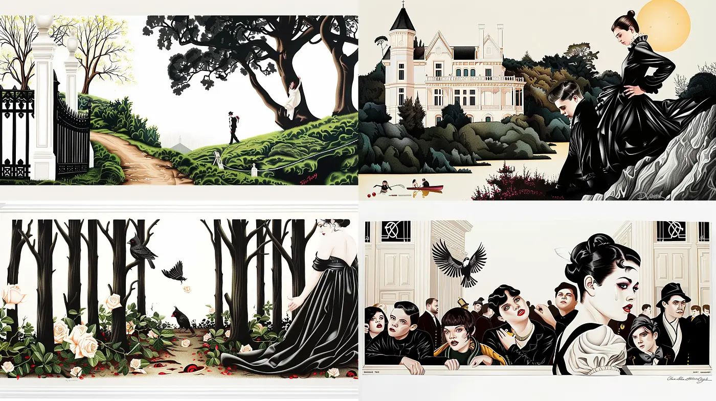 Timeless Elegance in Monochrome: A Homage to Classic Glamour and Poetic Landscapes - Midjourney sref style