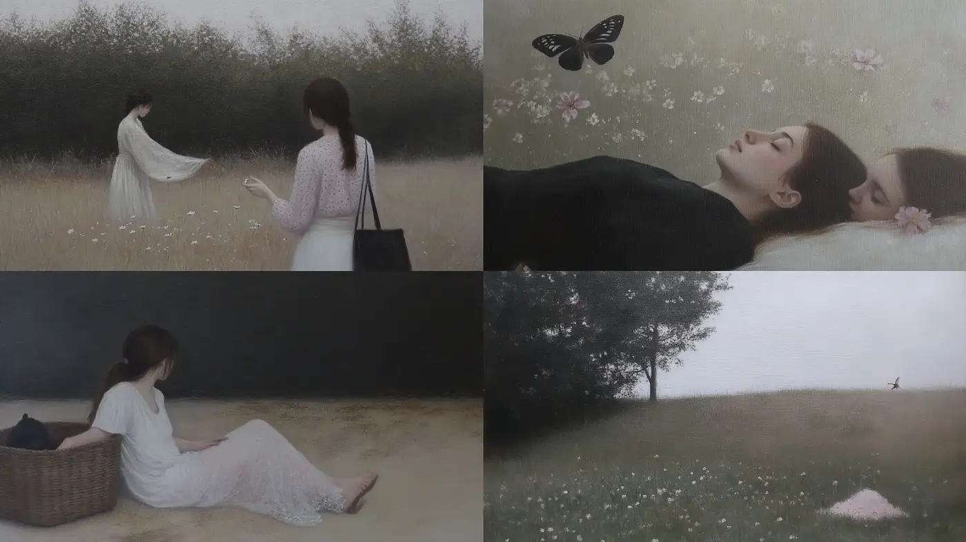 Tranquil Representations of Contemplative Solitude in Soft Pastels - Midjourney sref style