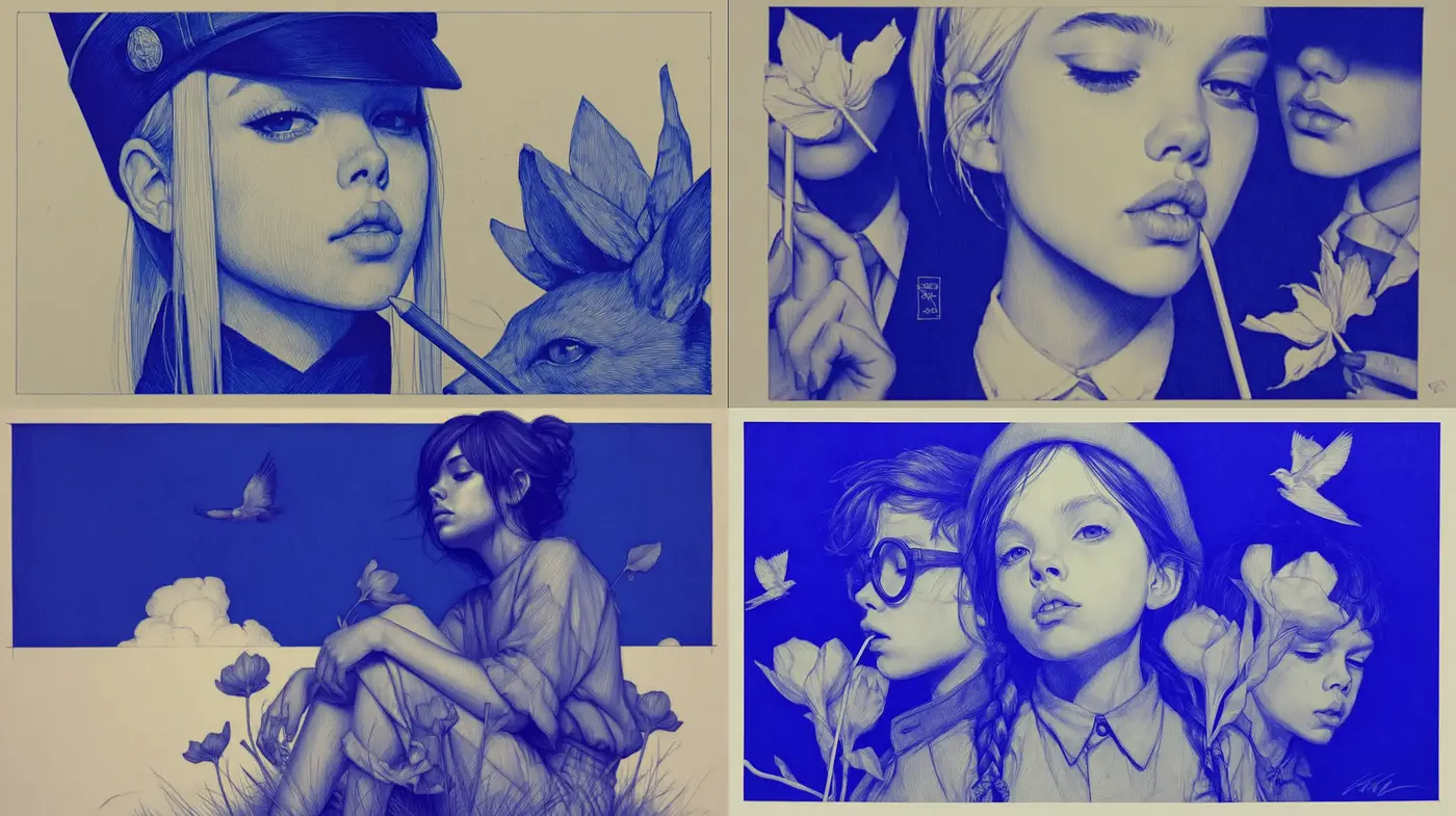 Contemporary Illustrative Art with Deep Blue Undertones and Stylized Features - Midjourney sref style