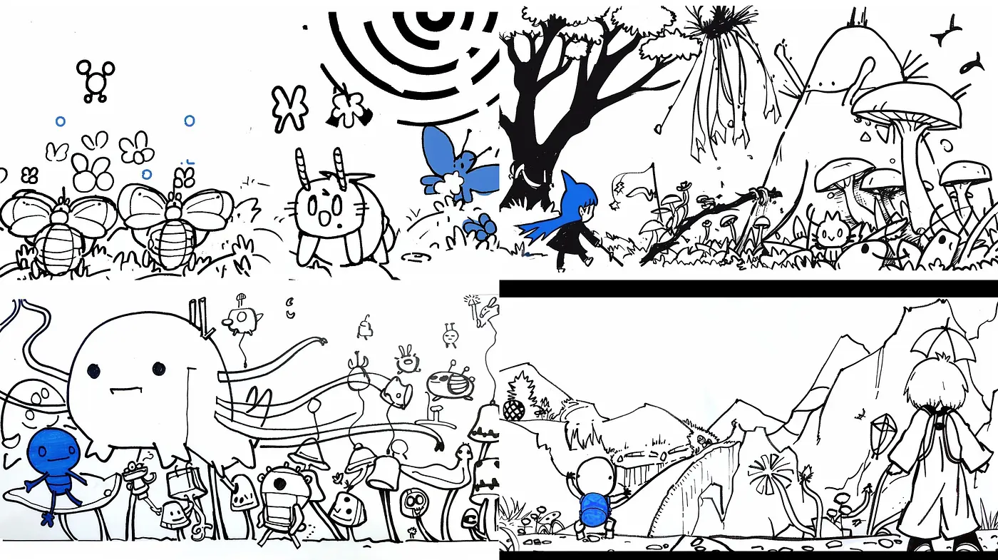 Whimsical Monochrome Dreamscape: An Artistic Exploration of Stylized Ink Illustrations - Midjourney sref style