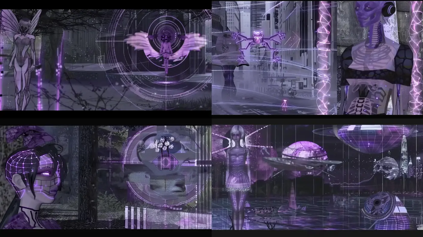 Futuristic Cybernetic Dreamscape in Monochromatic Violet Tones - Midjourney sref style
