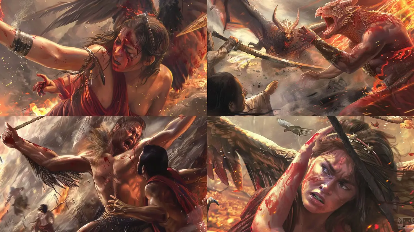 Epic Fantasy Battle with a Dynamic and Vivid Brushwork - Midjourney sref style