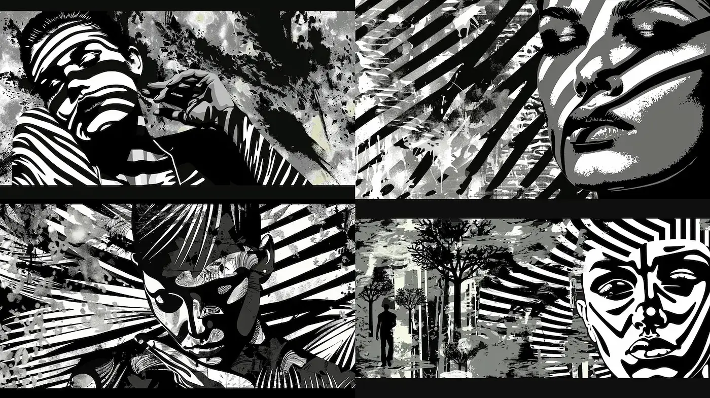 Dynamic High-Contrast Monochromatic Expressions with Graphic Textures - Midjourney sref style