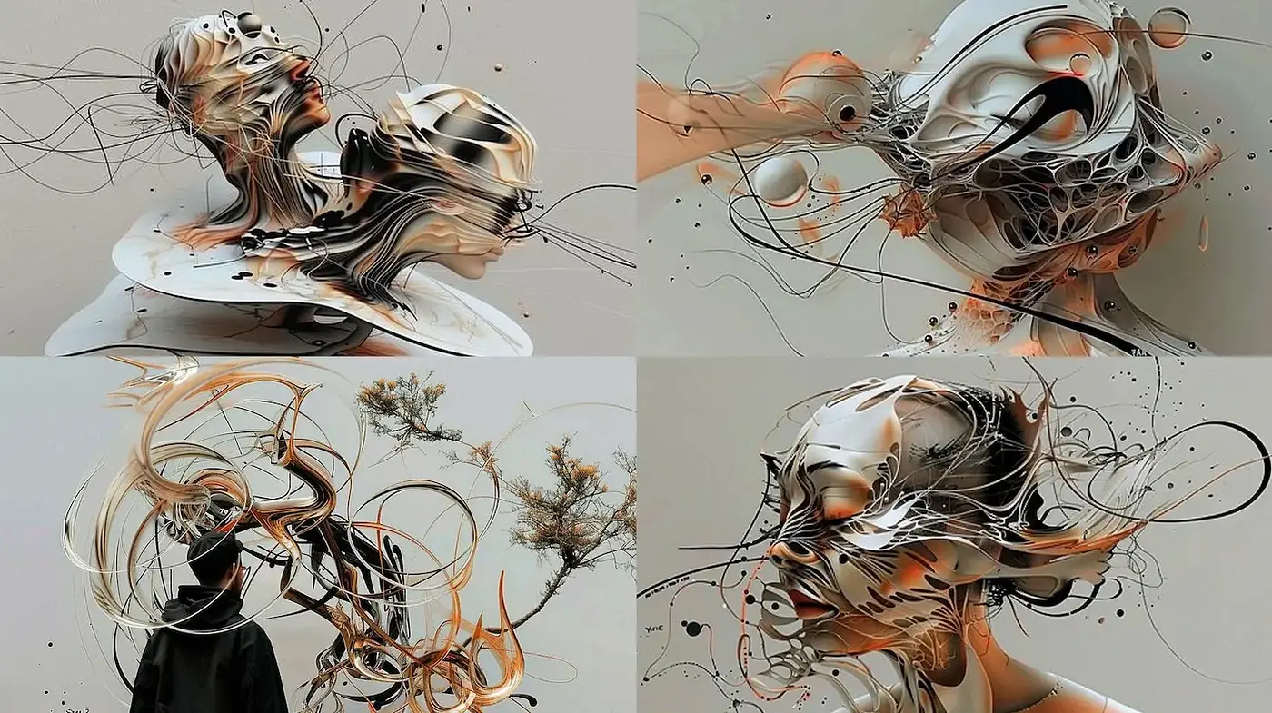 Fluid and Abstract Sculptural Aesthetics with Organic Formations and Metallic Accents - Midjourney sref style
