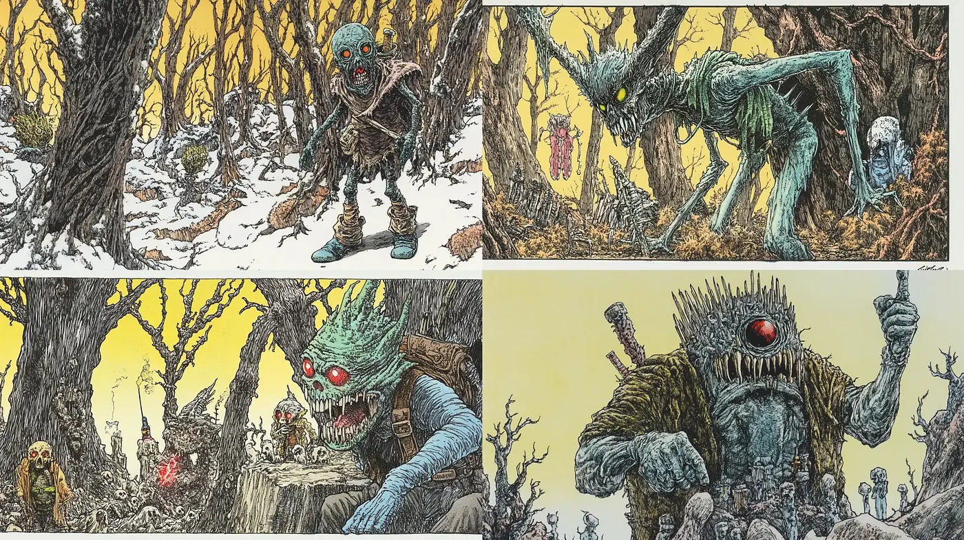 Eerie Fantasy Tableaus with Ink-like Textures and an Earthy Palette - Midjourney sref style