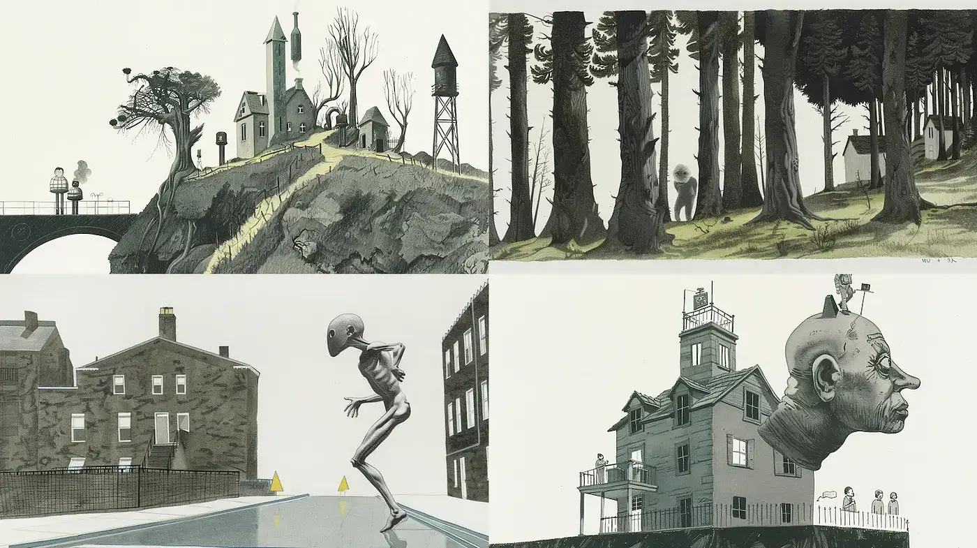 Surrealistic and Whimsical Illustrations with a Monochromatic Palette - Midjourney sref style