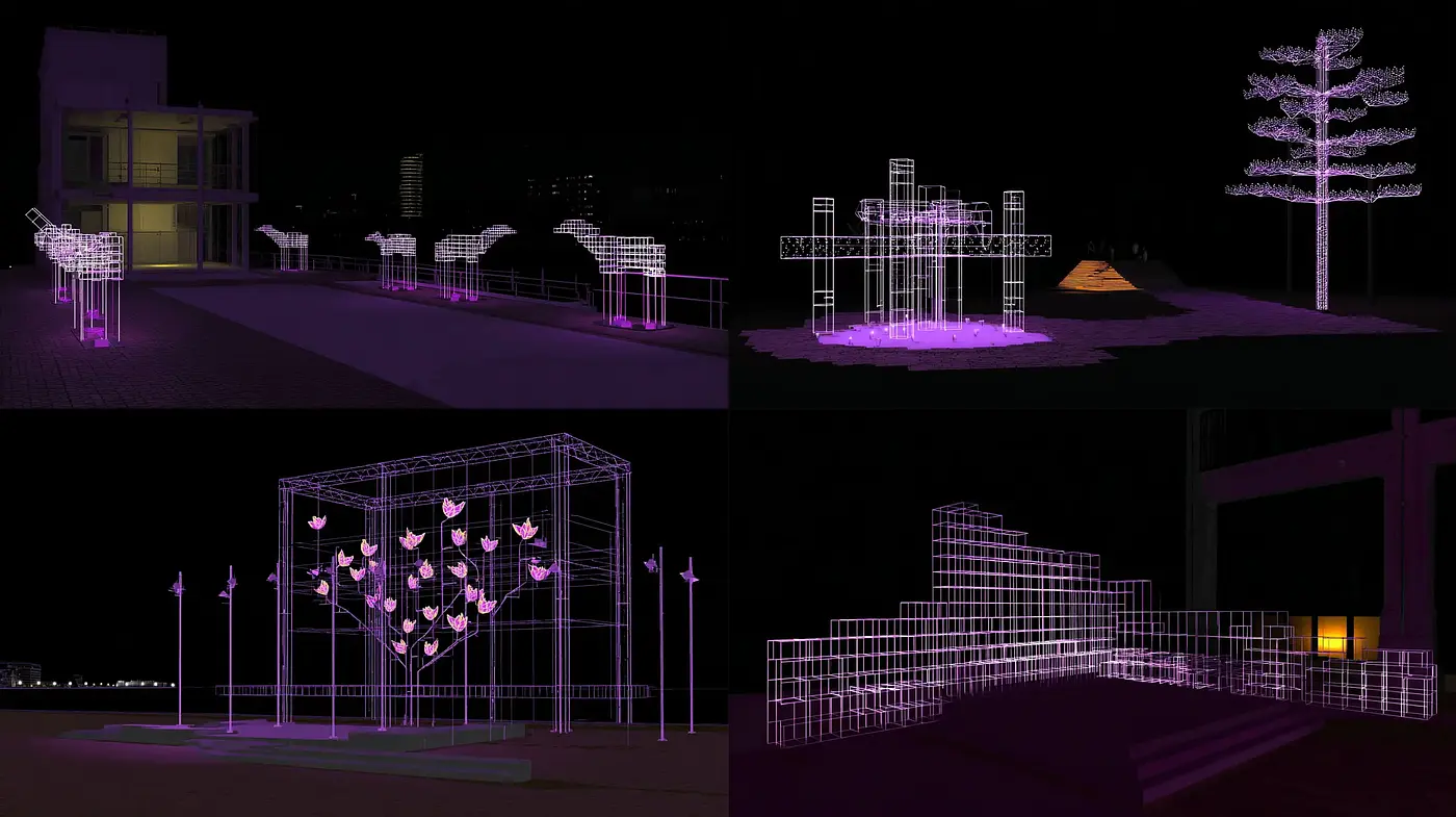 Futuristic Neon Wireframe Art with Urban Night Elements - Midjourney sref style