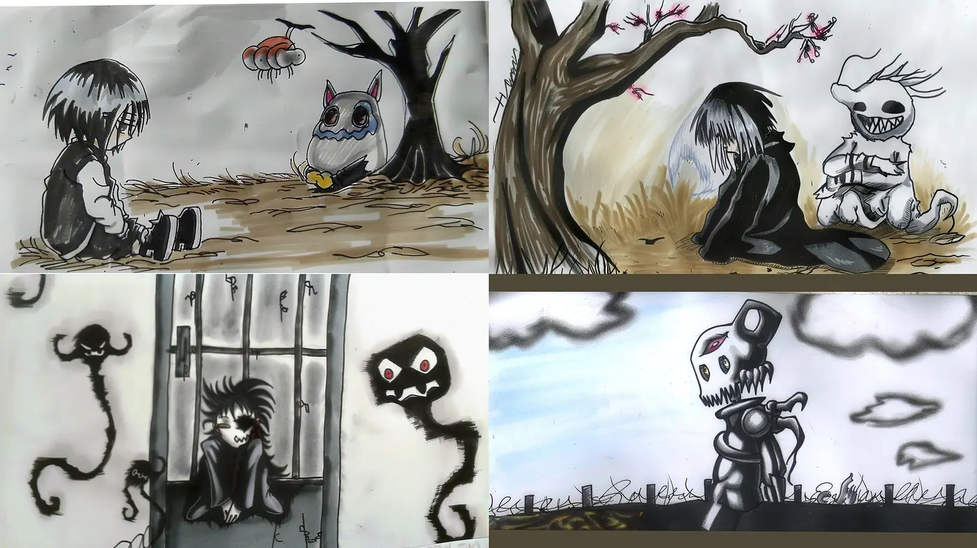 Sombre Tim Burton-esque Illustrations with Ethereal Watercolor Washes - Midjourney sref style