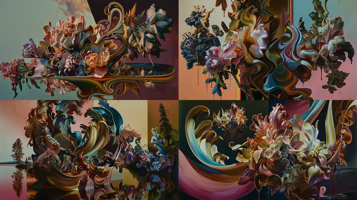 Intricate Floral Surrealism with Soft Color Gradients - Midjourney sref style