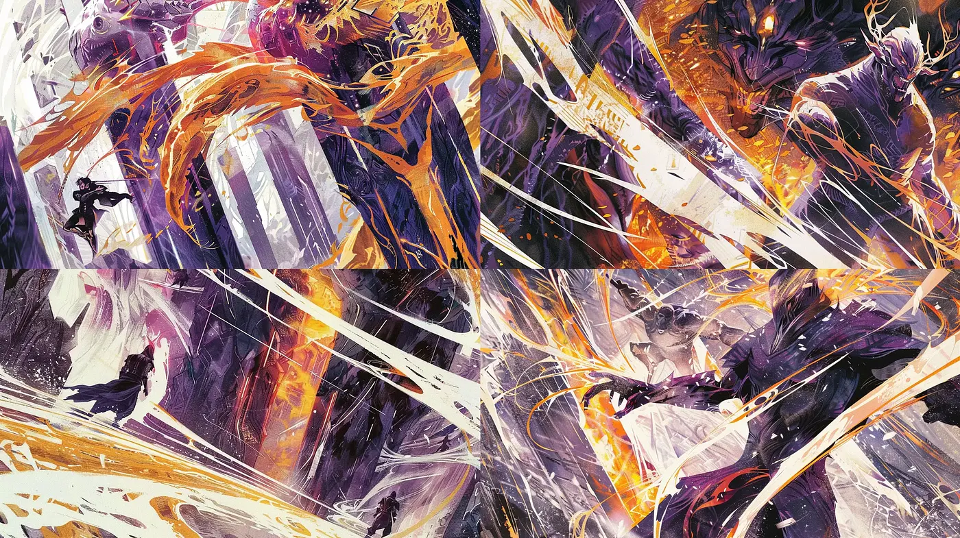 Dynamic Brushstroke Symphony in Purple and Gold - Midjourney sref style