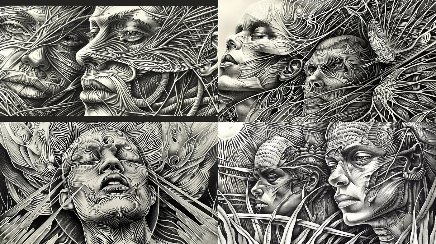 Monochromatic Engraving of Surreal Human Forms amidst Nature's Embrace - Midjourney sref style