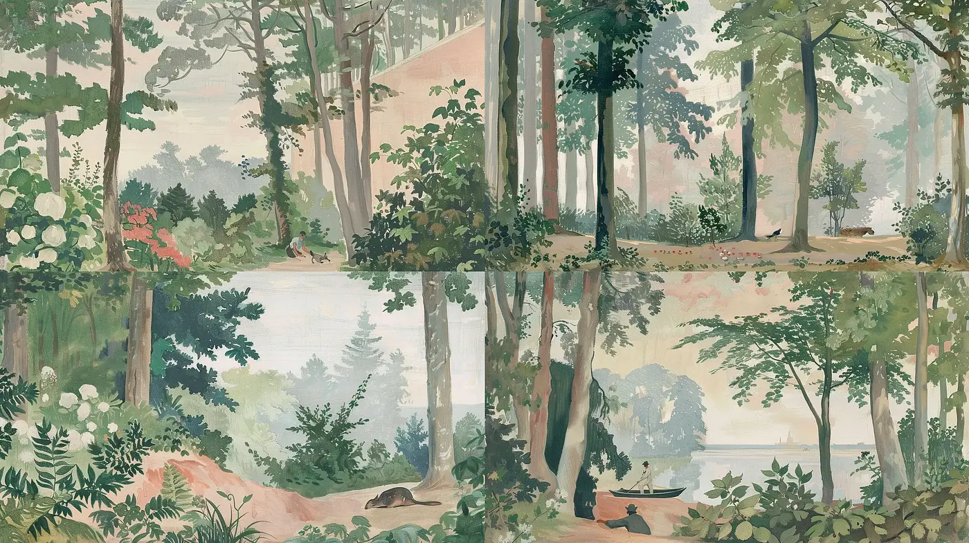 Serene Woodland Reverie: A Homage to Antique Landscape Paintings - Midjourney sref style