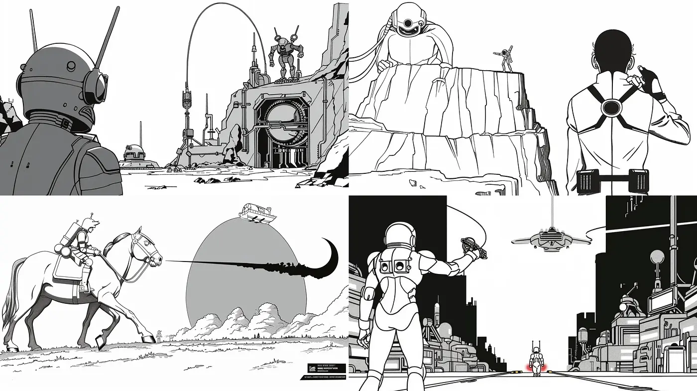 Monochromatic Retrofuturism in Sci-Fi Line Art - Midjourney sref style