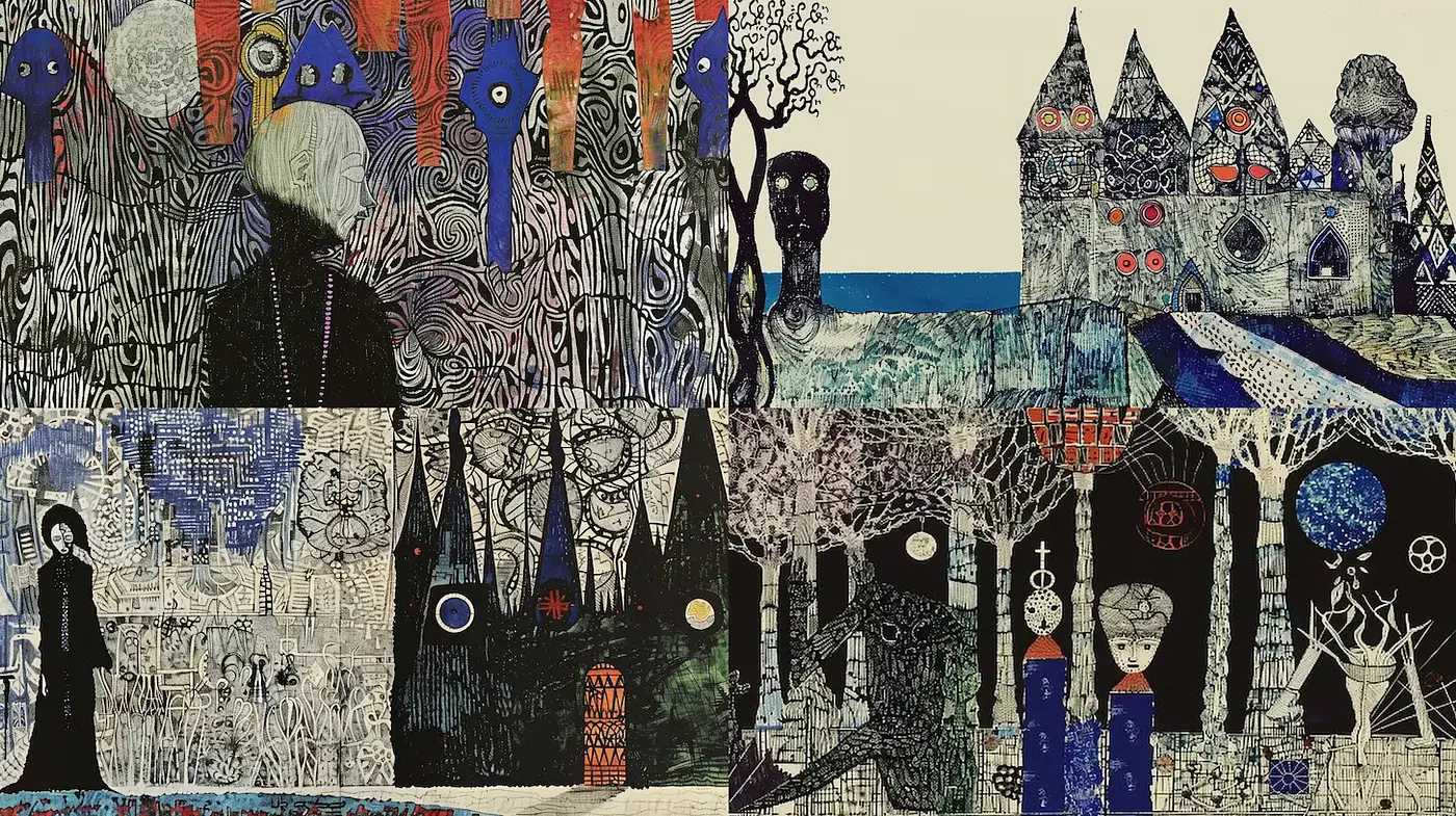 Whimsical and Eerie Surrealism with Strong Graphic Elements - Midjourney sref style