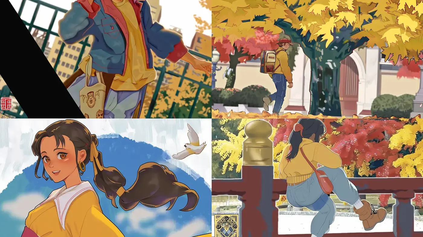 Vibrant and Playful Inspired Urban Illustrations with Autumnal Themes - Midjourney sref style