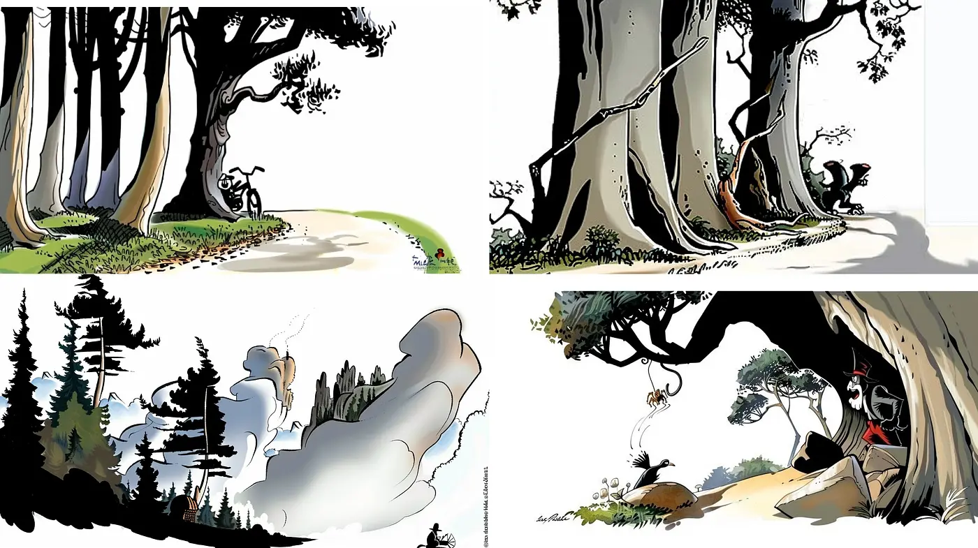 Whimsical Natural Panoramas with a Stylized Graphic Novel Embrace - Midjourney sref style