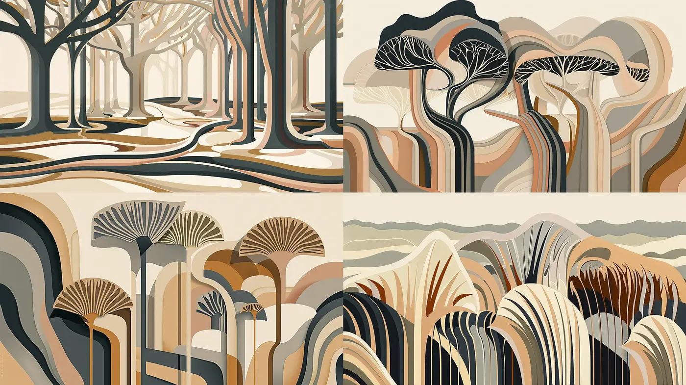 Serene Arboreal Artistry with Organic Striped Contours - Midjourney sref style