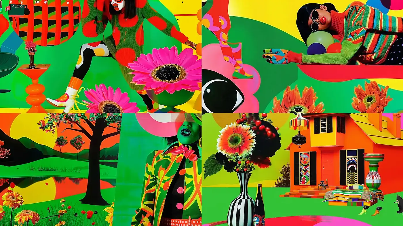 Vibrant and surreal pop-art inspired landscapes with floral elements - Midjourney sref style