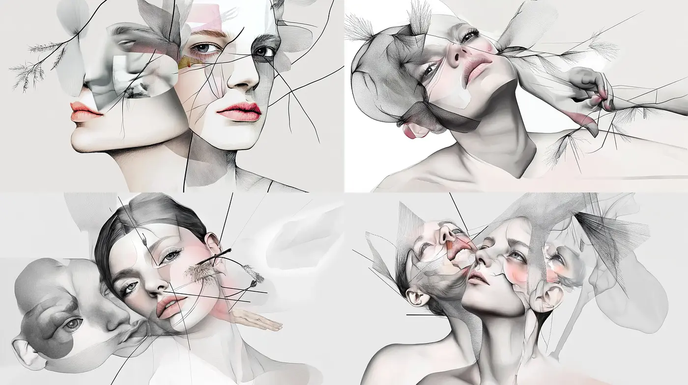 Surreal Disjointed Portraits in Monochromatic Ethereality - Midjourney sref style