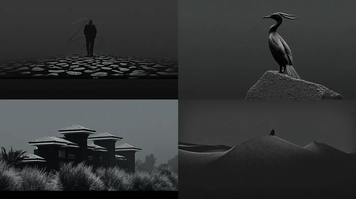 Monochrome Minimalism with Surrealist and Expressionist Influences - Midjourney sref style