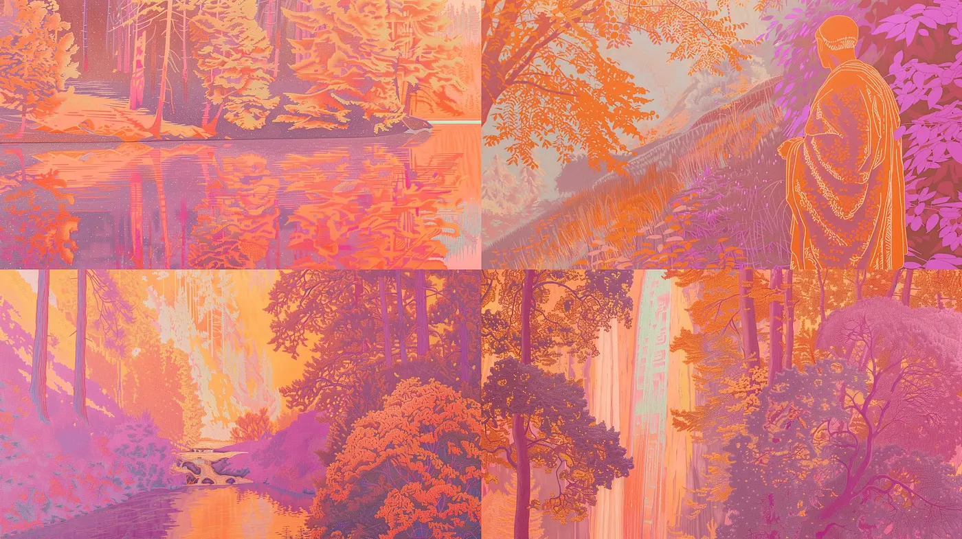 Sunset Hues and Amber Reflections: A Harmony of Warm Tones and Stylized Nature - Midjourney sref style