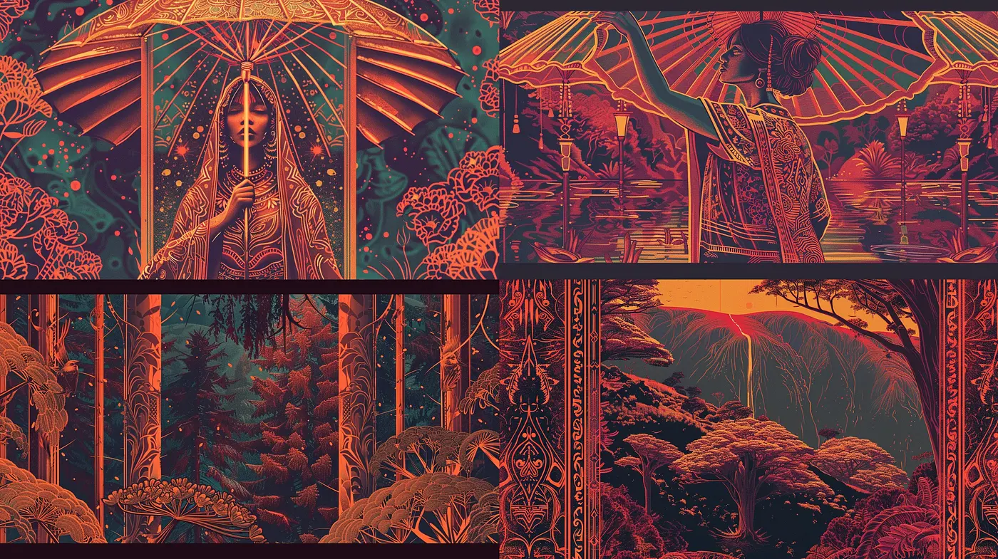 Ethereal Twilight: A Harmonious Fusion of Art Nouveau Elegance and Enigmatic Dusk Tones - Midjourney sref style