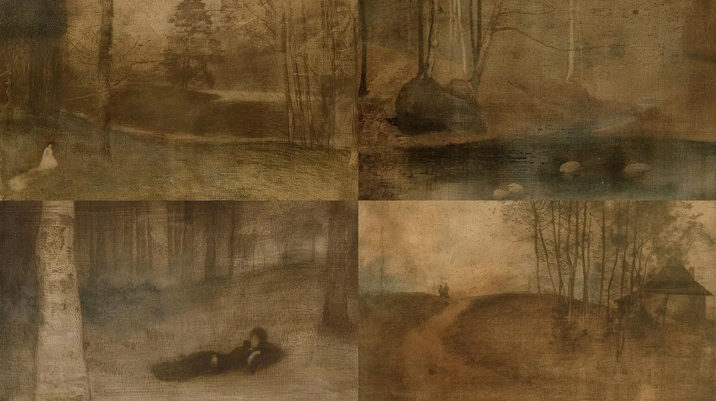 Aged Sepia Tones and Textured Memories: A Crossroad of Dreamy Surrealism and Rustic Impressionism - Midjourney sref style