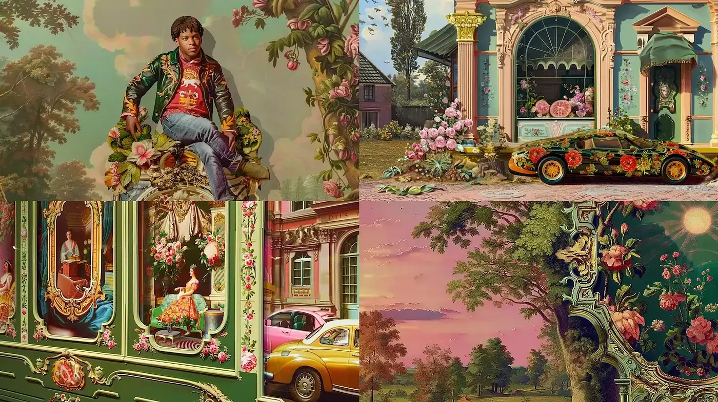 Opulent floral surrealism with vintage nostalgia - Midjourney sref style