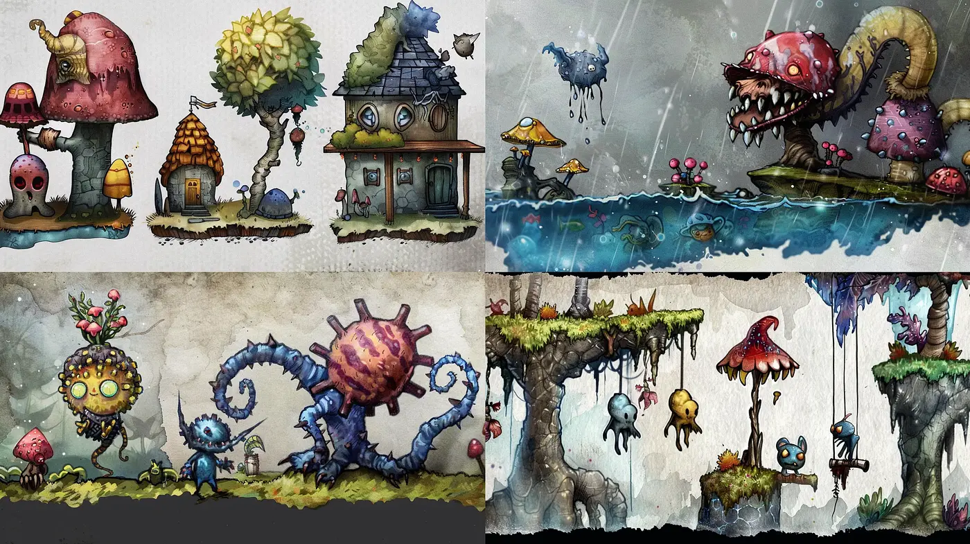 Mystical Watercolor Environments Blend with Whimsical Creatures - Midjourney sref style
