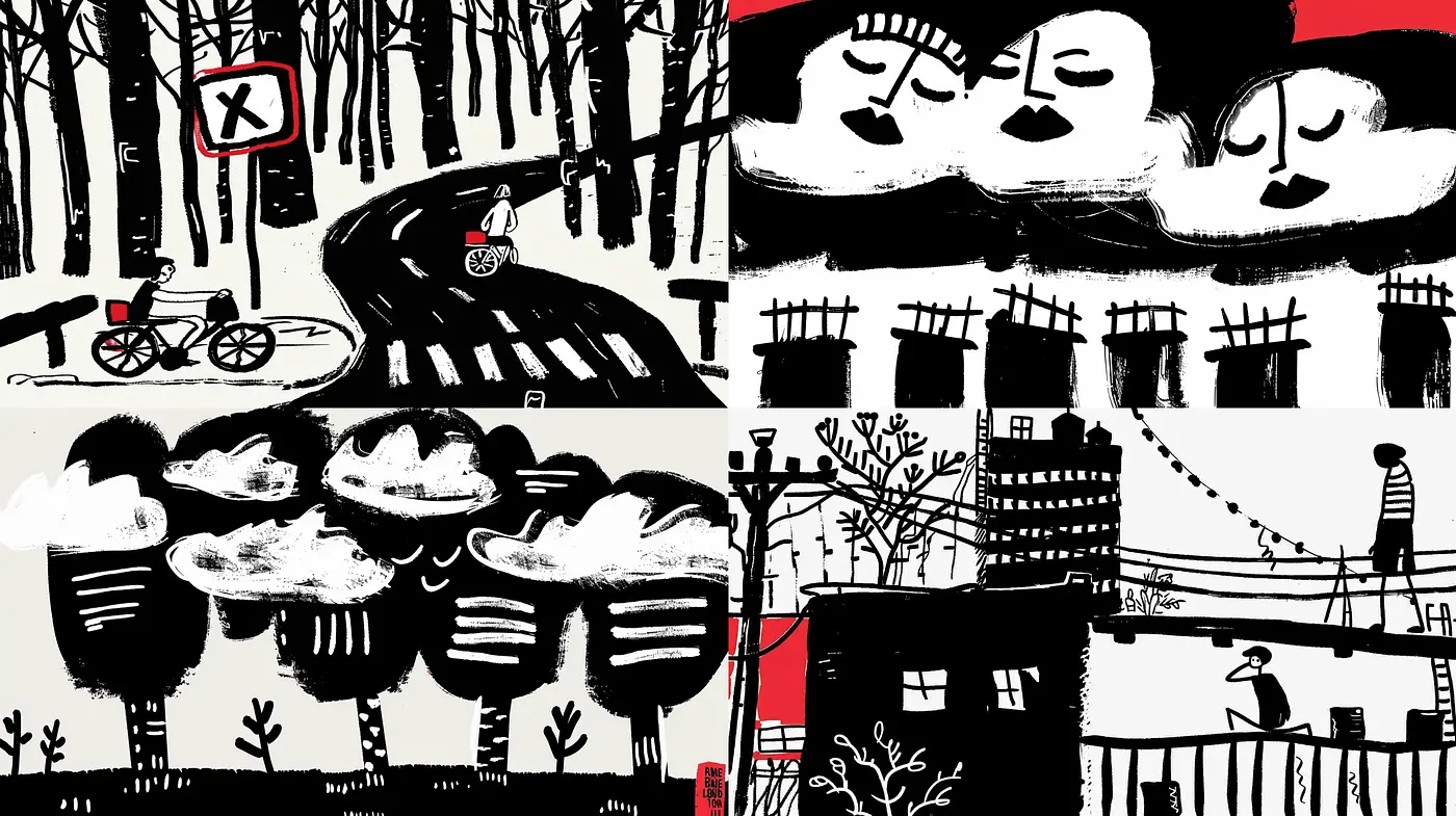 Monochromatic Whimsy: A Nostalgic Dance of Black and White Brush Strokes - Midjourney sref style