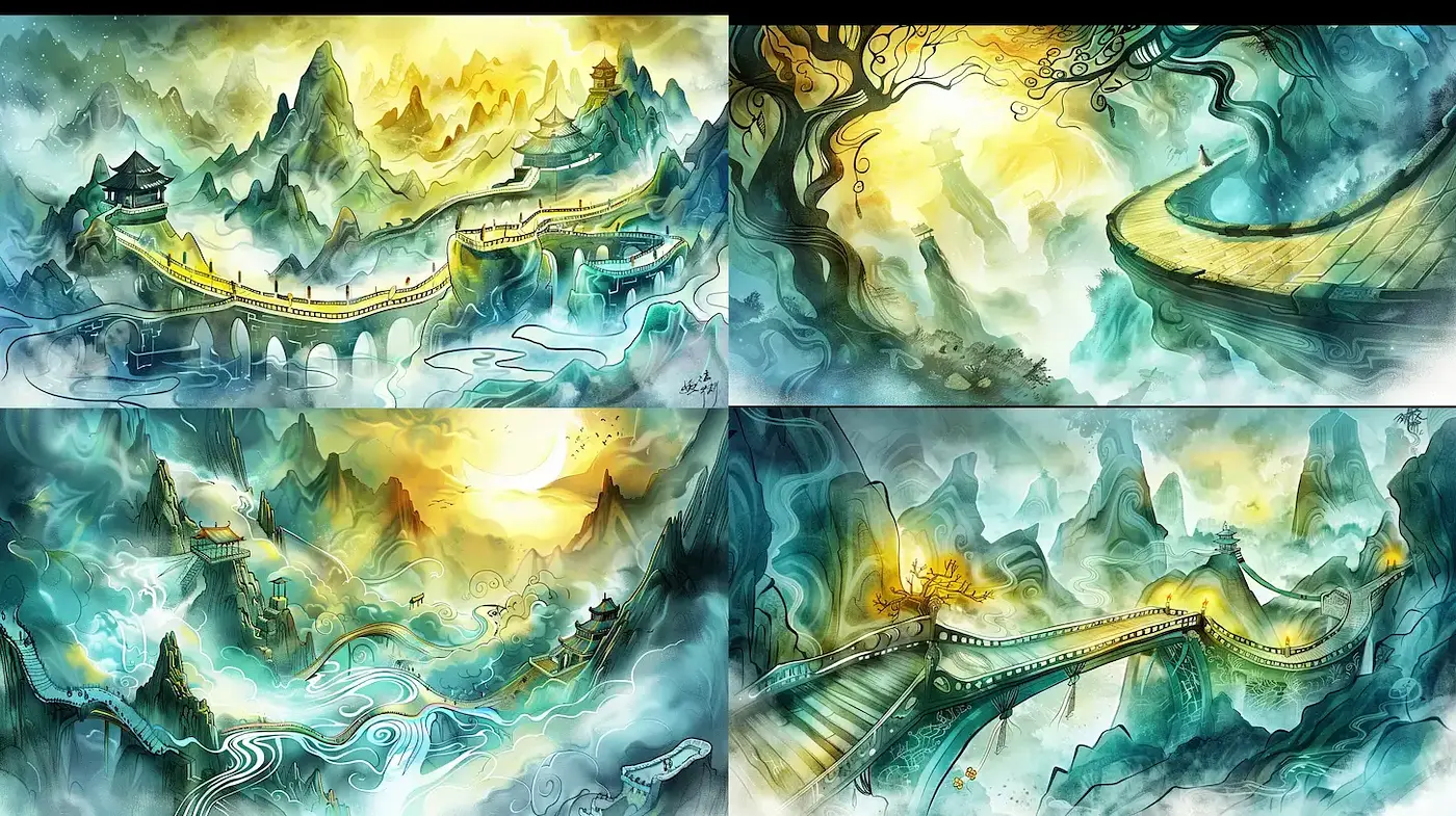 Ethereal Landscapes with Mystical Elements and Vibrant Colors - Midjourney sref style