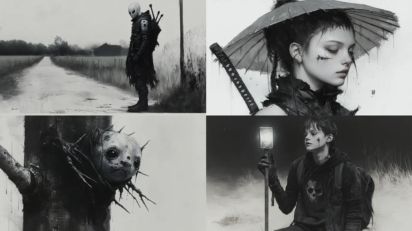 Monochromatic Ethereal Dreamscape with Surreal Overtones - Midjourney sref style