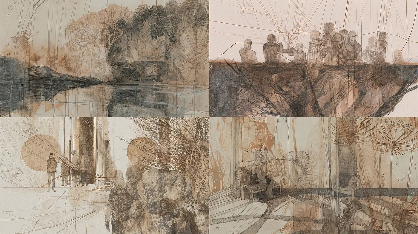 Translucent Sepia Sketches with Linear Abstraction - Midjourney sref style