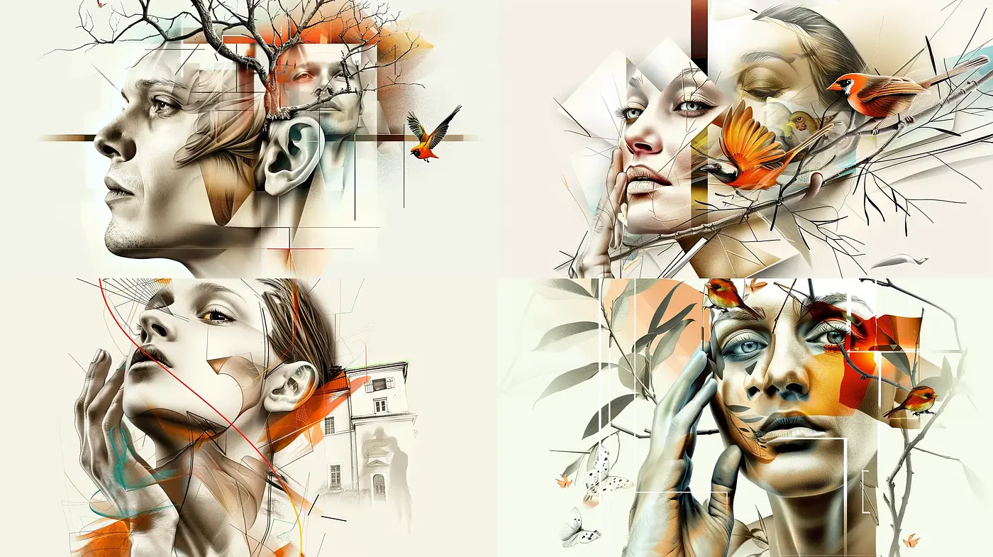 Surreal Digital Collage with Nature-Inspired Overlays and Geometric Interruptions - Midjourney sref style