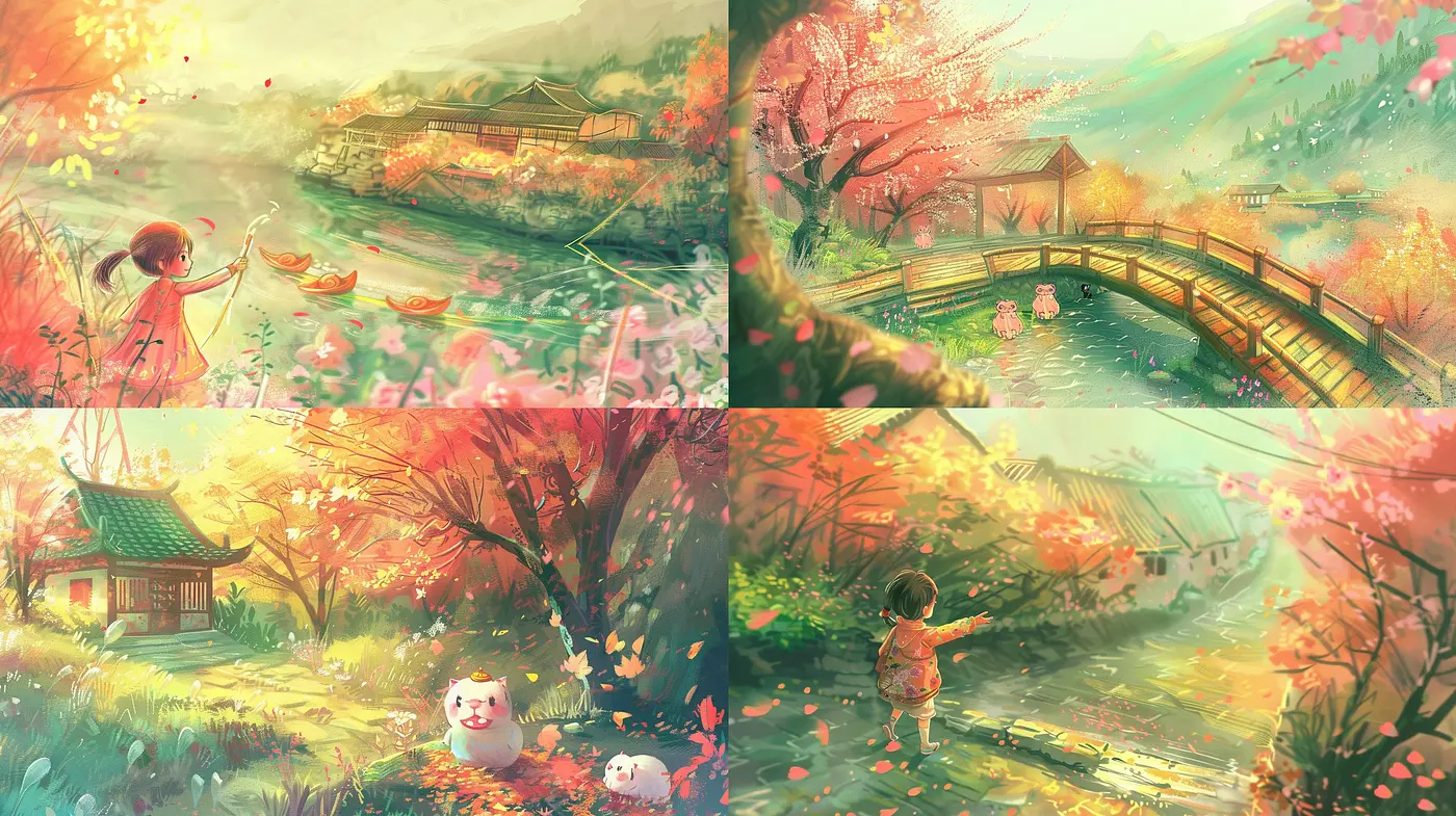 Dreamy Pastoral Symphony: A Harmonious Blend of Impressionist Vibrance and Anime Whimsy - Midjourney sref style